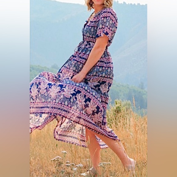 Eliza J Dresses & Skirts - Eliza J Blue Pink Paisley Sheer Boho V-neck Button Down Maxi Dress Sz 20W